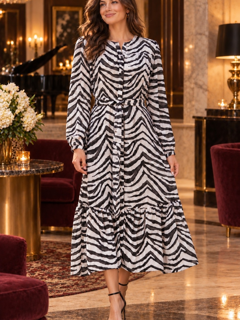 Banana Republic Zebra Maxi Dress Size 8 Black White Boho Mob Wife Statement Chic